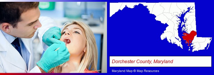 a dentist examining teeth; Dorchester County, Maryland highlighted in red on a map