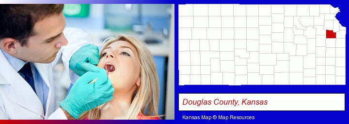 a dentist examining teeth; Douglas County, Kansas highlighted in red on a map