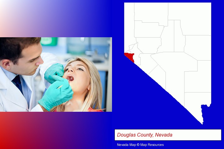 a dentist examining teeth; Douglas County, Nevada highlighted in red on a map