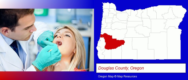 a dentist examining teeth; Douglas County, Oregon highlighted in red on a map