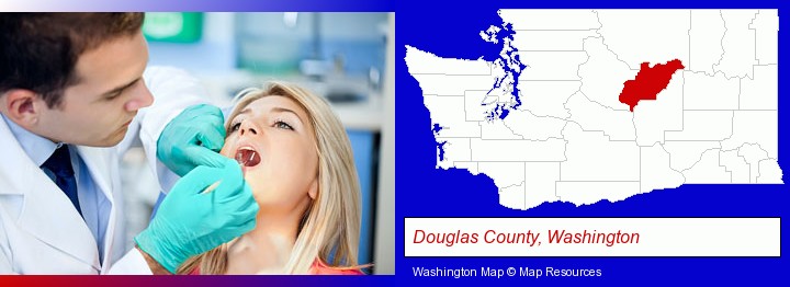a dentist examining teeth; Douglas County, Washington highlighted in red on a map