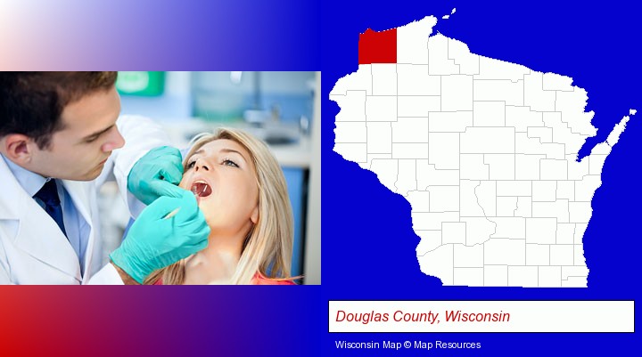 a dentist examining teeth; Douglas County, Wisconsin highlighted in red on a map