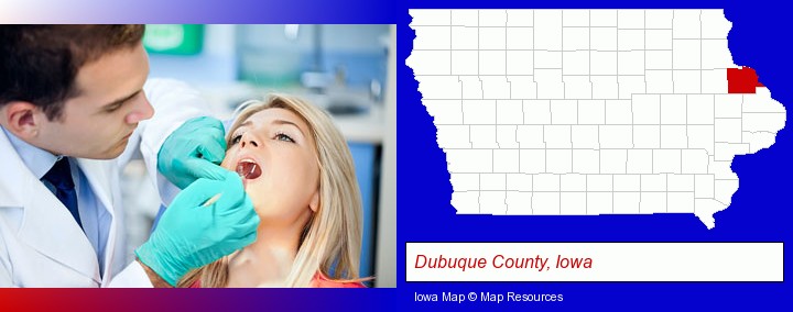 a dentist examining teeth; Dubuque County, Iowa highlighted in red on a map