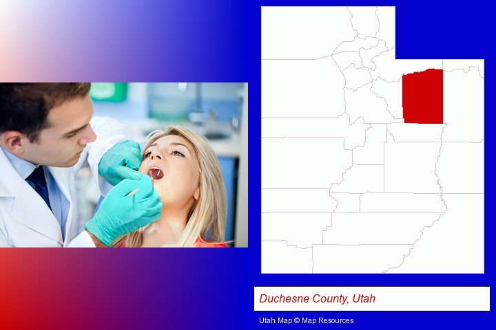 a dentist examining teeth; Duchesne County, Utah highlighted in red on a map