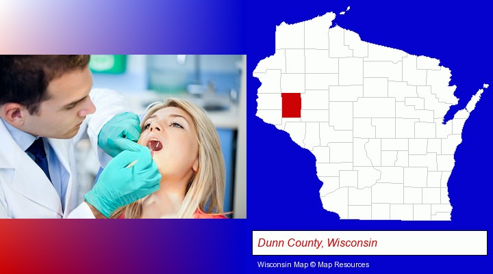 a dentist examining teeth; Dunn County, Wisconsin highlighted in red on a map