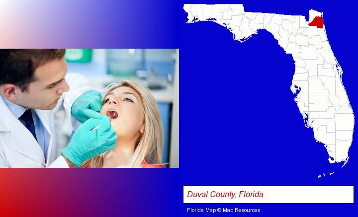 a dentist examining teeth; Duval County, Florida highlighted in red on a map