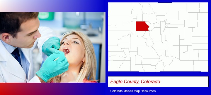 a dentist examining teeth; Eagle County, Colorado highlighted in red on a map