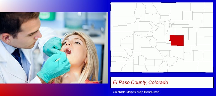 a dentist examining teeth; El Paso County, Colorado highlighted in red on a map