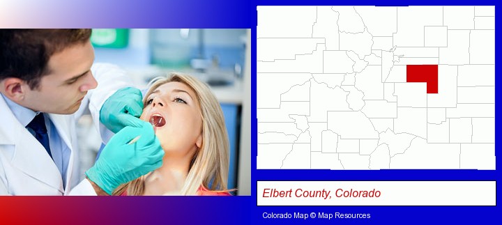 a dentist examining teeth; Elbert County, Colorado highlighted in red on a map