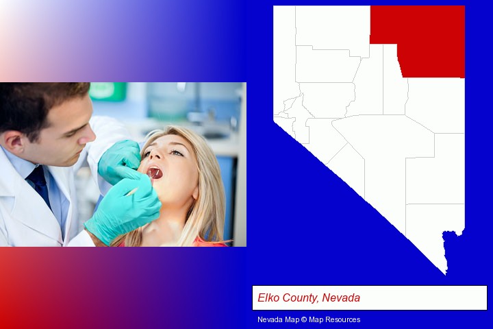 a dentist examining teeth; Elko County, Nevada highlighted in red on a map