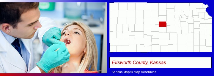 a dentist examining teeth; Ellsworth County, Kansas highlighted in red on a map