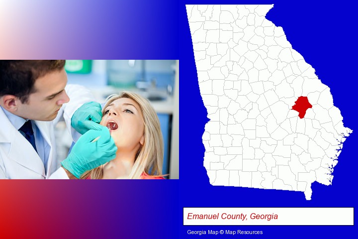 a dentist examining teeth; Emanuel County, Georgia highlighted in red on a map
