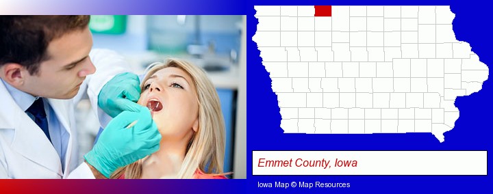 a dentist examining teeth; Emmet County, Iowa highlighted in red on a map