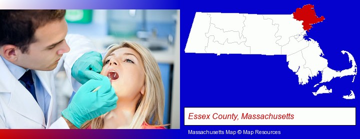 a dentist examining teeth; Essex County, Massachusetts highlighted in red on a map