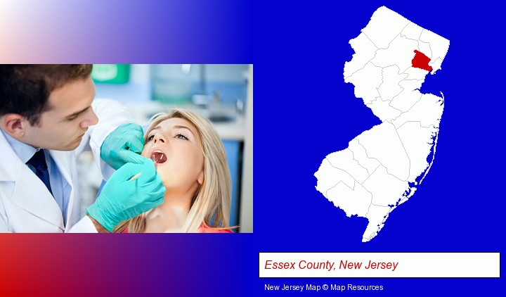 a dentist examining teeth; Essex County, New Jersey highlighted in red on a map