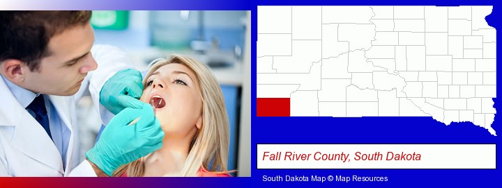 a dentist examining teeth; Fall River County, South Dakota highlighted in red on a map