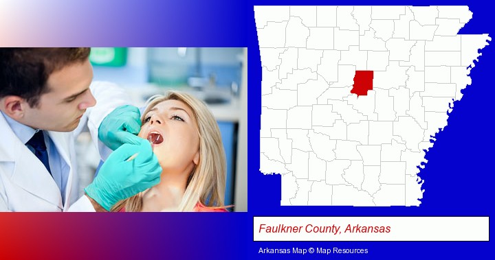a dentist examining teeth; Faulkner County, Arkansas highlighted in red on a map