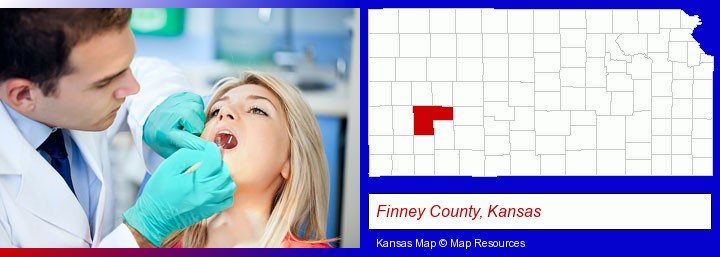 a dentist examining teeth; Finney County, Kansas highlighted in red on a map