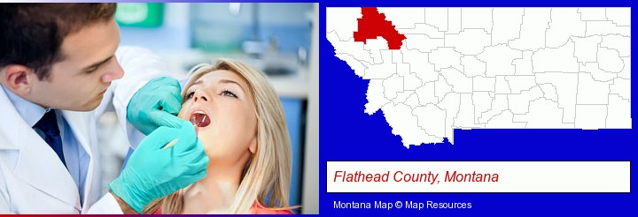 a dentist examining teeth; Flathead County, Montana highlighted in red on a map