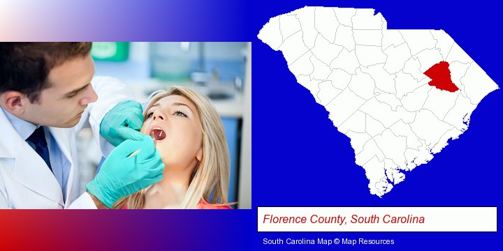 a dentist examining teeth; Florence County, South Carolina highlighted in red on a map