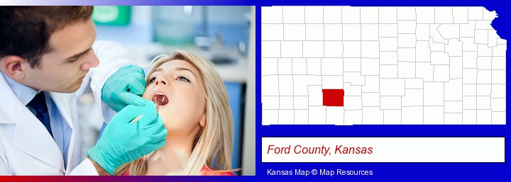 a dentist examining teeth; Ford County, Kansas highlighted in red on a map
