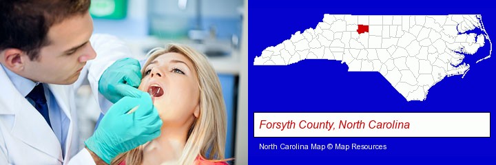 a dentist examining teeth; Forsyth County, North Carolina highlighted in red on a map