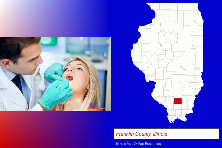 a dentist examining teeth; Franklin County, Illinois highlighted in red on a map