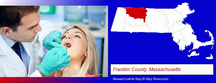 a dentist examining teeth; Franklin County, Massachusetts highlighted in red on a map