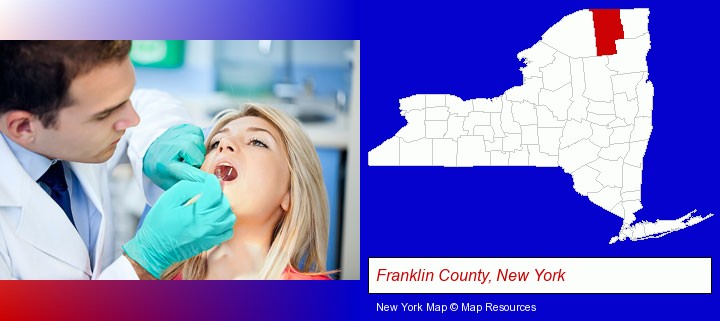 a dentist examining teeth; Franklin County, New York highlighted in red on a map
