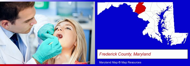 a dentist examining teeth; Frederick County, Maryland highlighted in red on a map