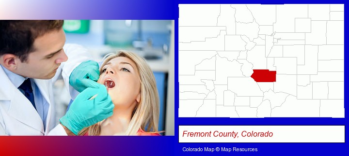 a dentist examining teeth; Fremont County, Colorado highlighted in red on a map