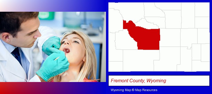 a dentist examining teeth; Fremont County, Wyoming highlighted in red on a map