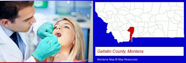a dentist examining teeth; Gallatin County, Montana highlighted in red on a map