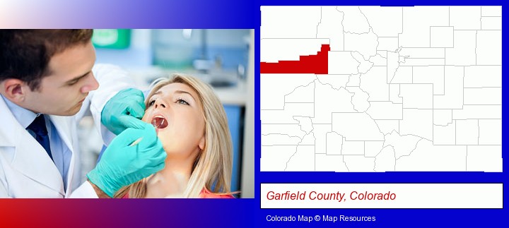 a dentist examining teeth; Garfield County, Colorado highlighted in red on a map