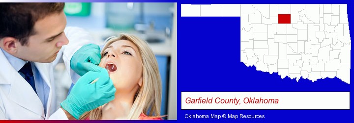 a dentist examining teeth; Garfield County, Oklahoma highlighted in red on a map