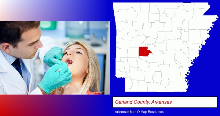 a dentist examining teeth; Garland County, Arkansas highlighted in red on a map