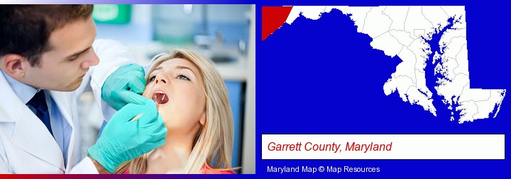 a dentist examining teeth; Garrett County, Maryland highlighted in red on a map
