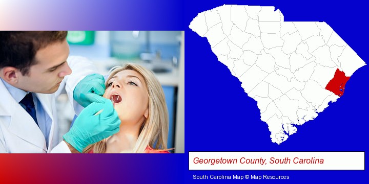 a dentist examining teeth; Georgetown County, South Carolina highlighted in red on a map