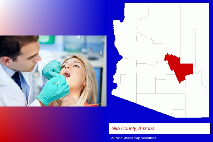 a dentist examining teeth; Gila County, Arizona highlighted in red on a map