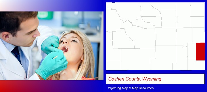 a dentist examining teeth; Goshen County, Wyoming highlighted in red on a map