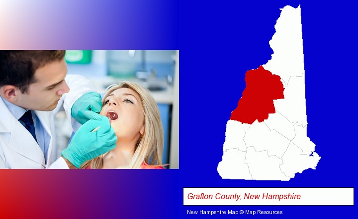 a dentist examining teeth; Grafton County, New Hampshire highlighted in red on a map