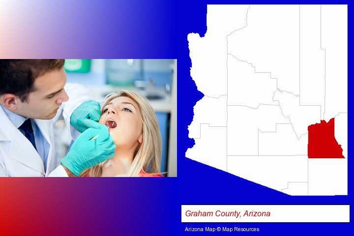 a dentist examining teeth; Graham County, Arizona highlighted in red on a map