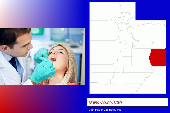 a dentist examining teeth; Grand County, Utah highlighted in red on a map