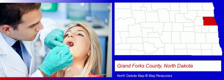 a dentist examining teeth; Grand Forks County, North Dakota highlighted in red on a map