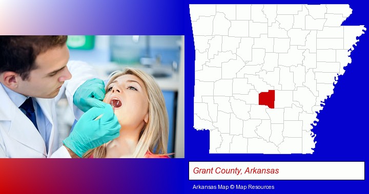 a dentist examining teeth; Grant County, Arkansas highlighted in red on a map
