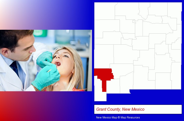 a dentist examining teeth; Grant County, New Mexico highlighted in red on a map