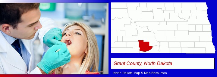 a dentist examining teeth; Grant County, North Dakota highlighted in red on a map