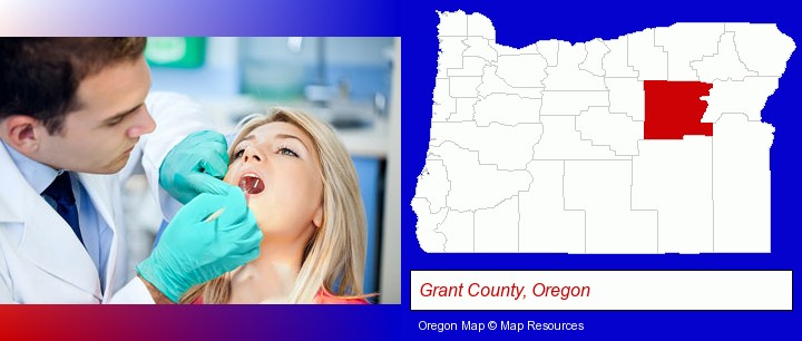 a dentist examining teeth; Grant County, Oregon highlighted in red on a map
