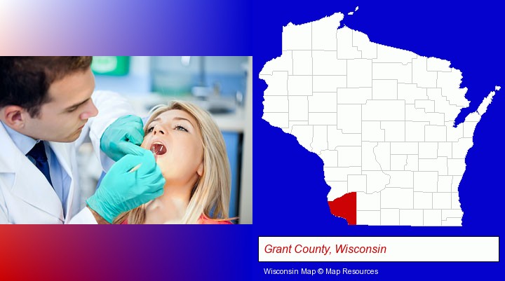a dentist examining teeth; Grant County, Wisconsin highlighted in red on a map