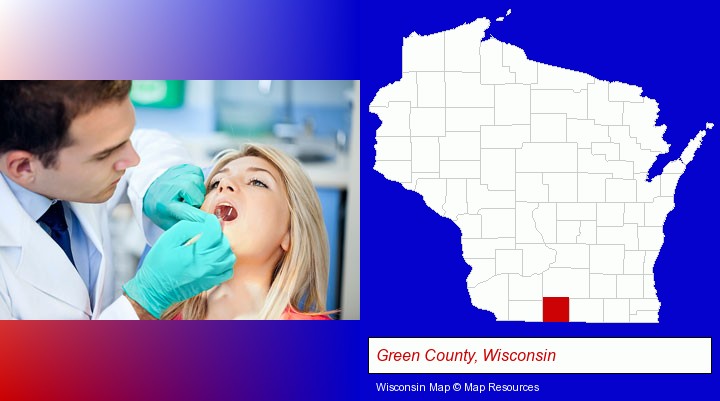 a dentist examining teeth; Green County, Wisconsin highlighted in red on a map